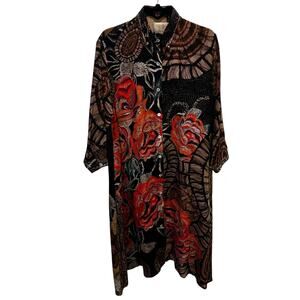 Bokja Brown Orange Floral Print Button Front Silk Shirt Dress Womens Medium